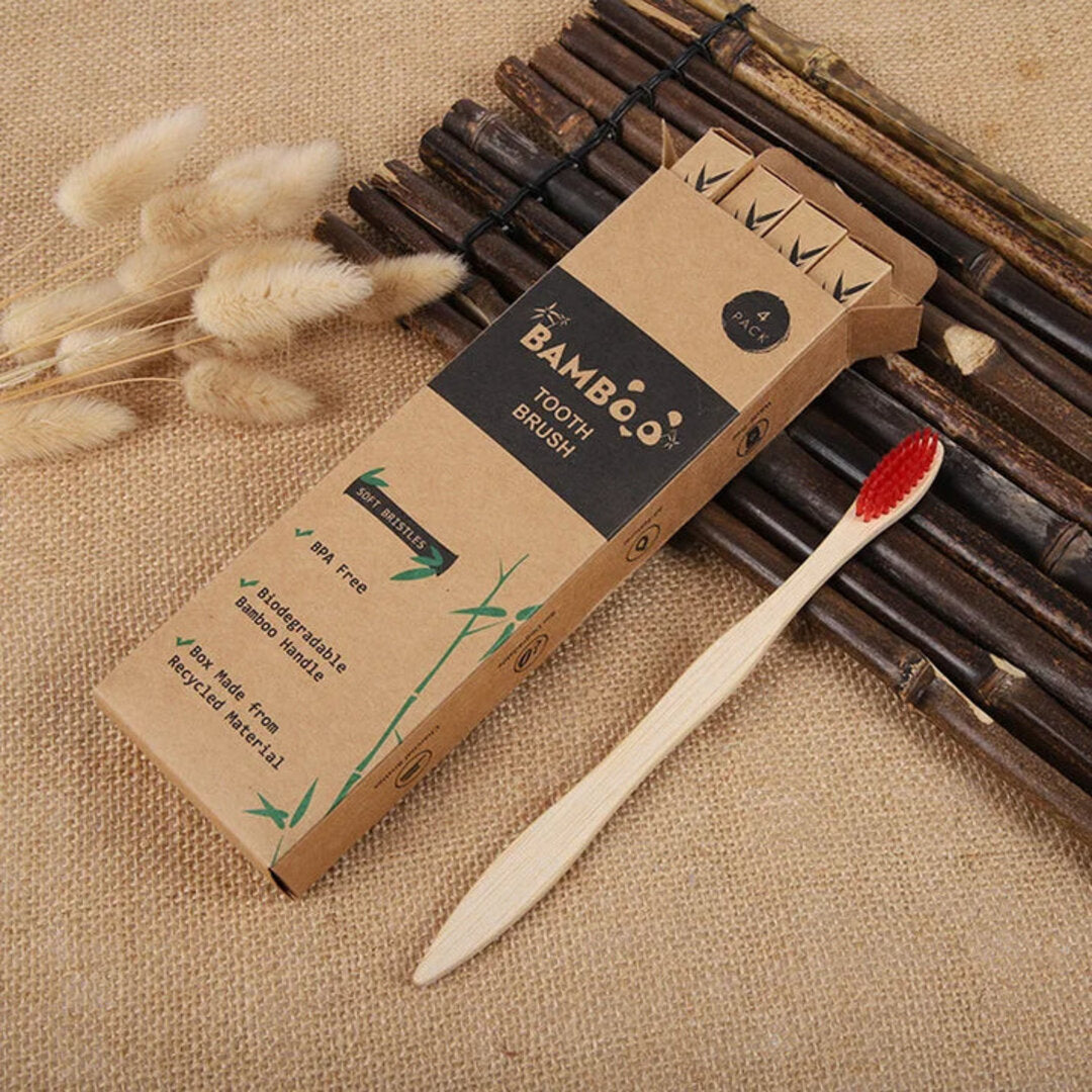 Lot-de-4-brosses-a-dents-bambou-biodegradables-poils-doux-rouge