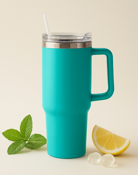 Mug isotherme inox 1200 ml avec couvercle, paille et poignée