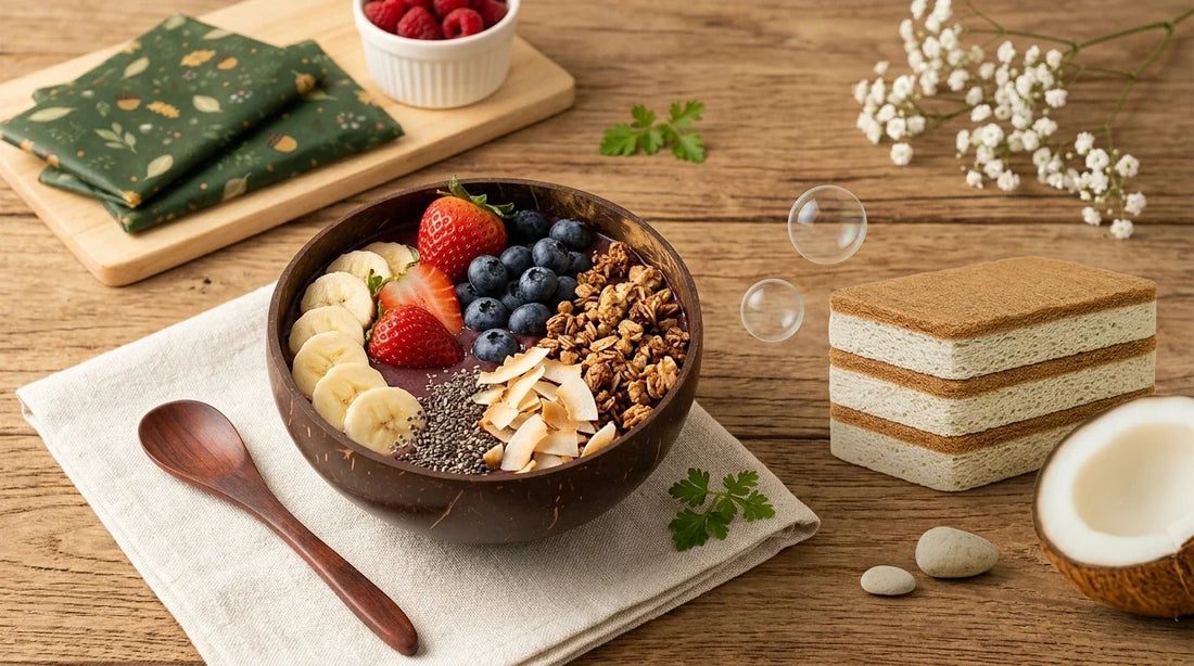 Photographie Ecosense pour l'article « Açaï Bowl Maison dans un Bol en Noix de Coco » — scène photoréaliste illustrant açaï bowl maison, bol en noix de coco, recette açaï bowl, produits écologiques pour la maison, açaï bowl zéro déchet, palette olive