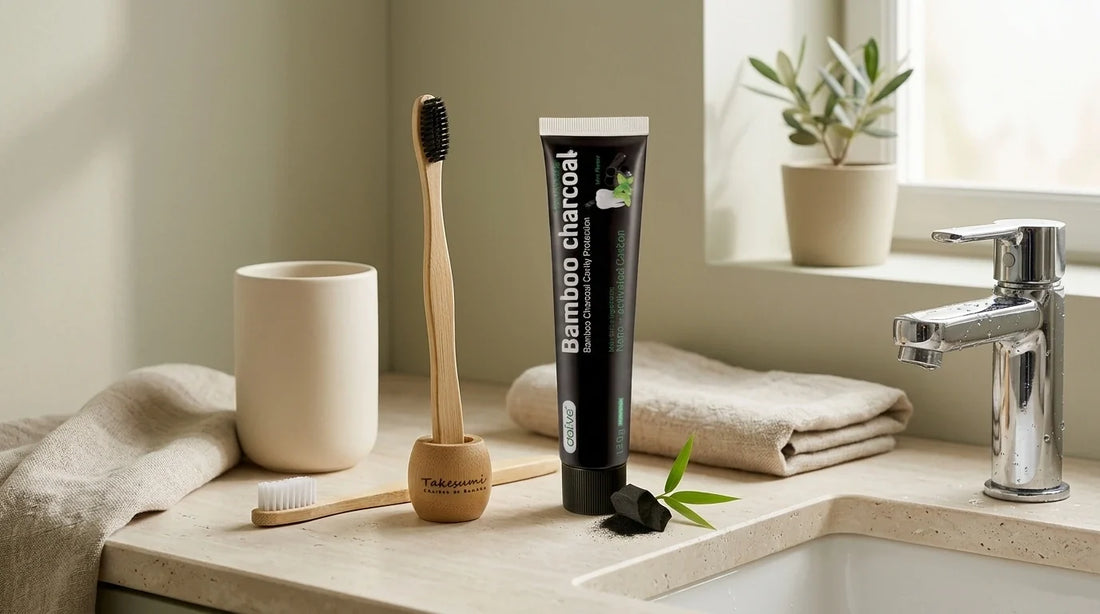 Photographie Ecosense pour l'article « Brossage des Dents Écolo : Les Habitudes à Changer » — scène photoréaliste illustrant hygiène dentaire zéro déchet, dentifrice zéro déchet, brosse à dents bambou, dentifrice solide, fluor dentifrice ppm, palette