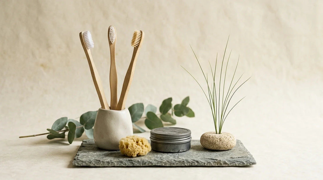 Photographie Ecosense pour l'article « Brosse à Dents en Bambou : Pourquoi Faire le Switch ? » — scène photoréaliste illustrant brosse à dents écologique, bambou Moso, FSC, palette olive et lime, ambiance zéro déchet authentique.