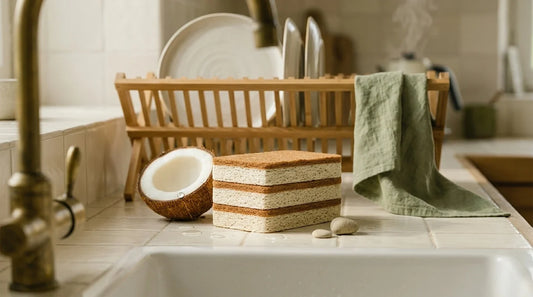 Photographie Ecosense pour l'article « Brosse à Vaisselle Bois vs Éponge : Quelle Solution Durable ? » — scène photoréaliste illustrant brosse vaisselle bois, éponge ou brosse vaisselle, éponge cellulose, hygiène vaisselle, microplastiques éponge, pa