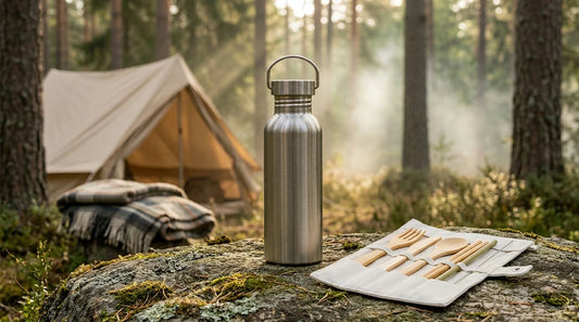 Photographie Ecosense pour l'article « Camping Écolo : 10 Astuces Pour un Séjour Zéro Déchet » — scène photoréaliste illustrant camping zéro déchet, camping écolo, séjour éco-responsable, matériel réutilisable camping, voyage responsable, palette oli