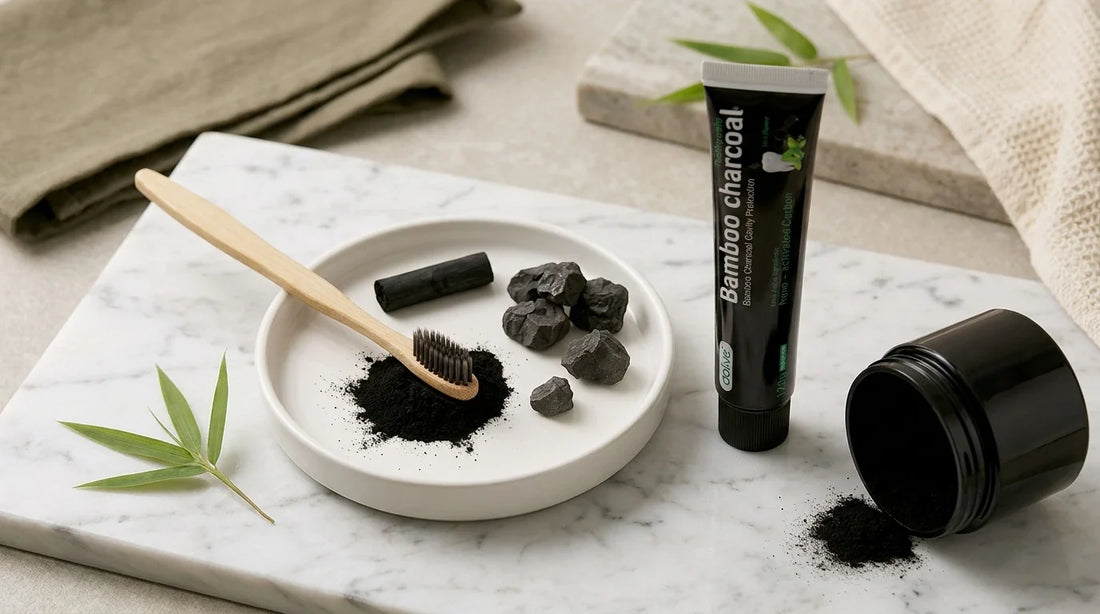 Photographie Ecosense pour l'article « Charbon Actif pour les Dents : Bienfaits et Mode d'Emploi » — scène photoréaliste illustrant dentifrice charbon, blanchiment naturel, ADA, palette olive et lime, ambiance zéro déchet authentique.