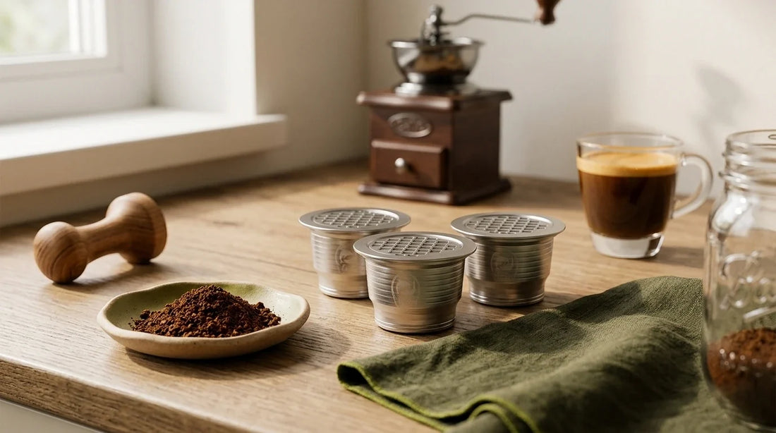 Photographie Ecosense pour l'article « Cold Brew Maison : Préparer son Café Froid avec Capsules Réutilisables » — scène photoréaliste illustrant capsule café inox réutilisable, capsule café écologique, Nespresso inox rechargeable, capsule réutilisabl