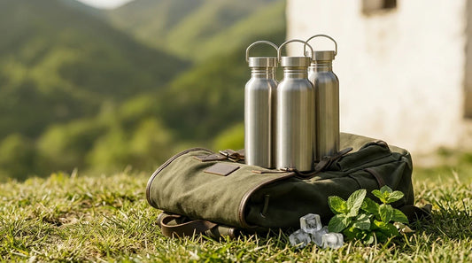 Photographie Ecosense pour l'article « Comparatif : Meilleures Gourdes Inox en 2026 » — scène photoréaliste illustrant gourde inox 304, isotherme, bouteille réutilisable, palette olive et lime, ambiance zéro déchet authentique.