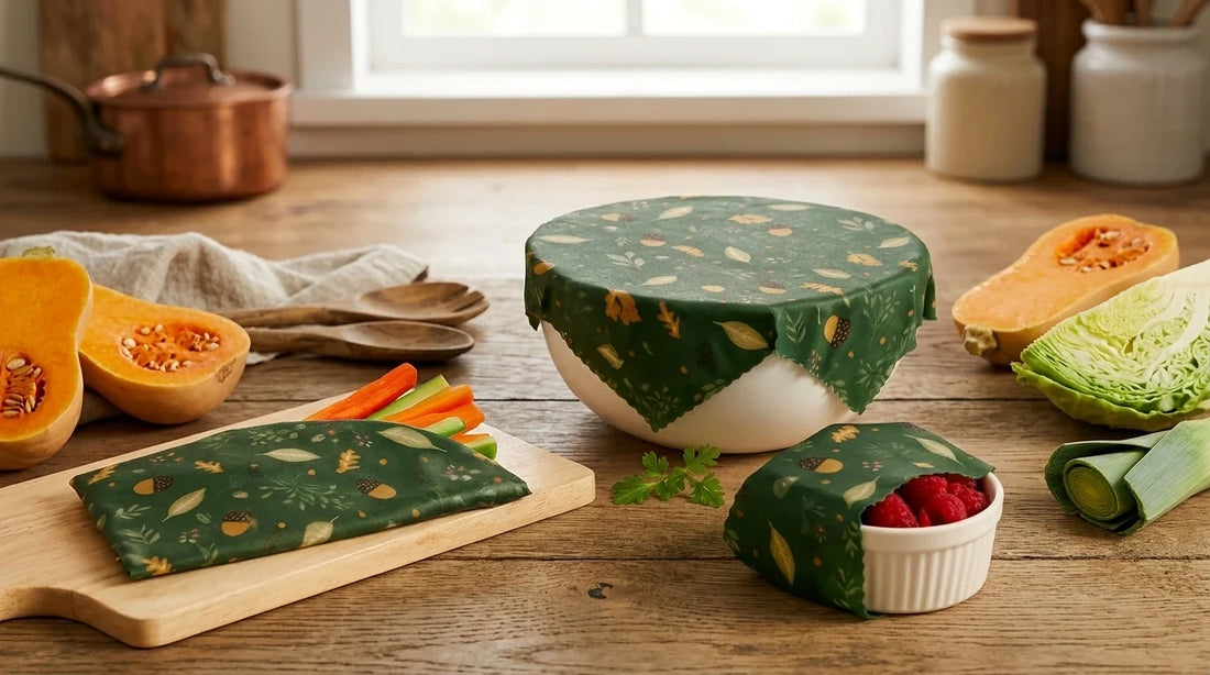 Photographie Ecosense pour l'article « Conservation des Légumes d'Automne avec Bee Wrap » — scène photoréaliste illustrant conserver légumes sans plastique, emballage cire d'abeille, remplacer film alimentaire, bee wrap courge entamée, conservation l