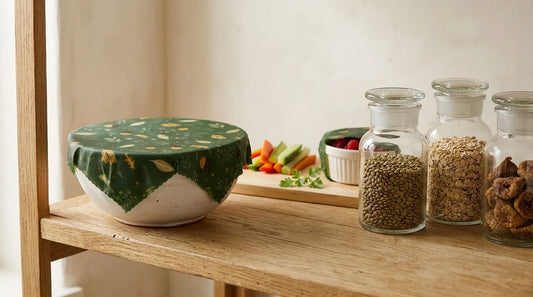 Photographie Ecosense pour l'article « Conserver ses Aliments sans Plastique : Les Solutions Durables » — scène photoréaliste illustrant bocaux verre, inox, charlottes tissu, palette olive et lime, ambiance zéro déchet authentique.