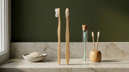 Photographie Ecosense pour l'article « Cotons-Tiges Réutilisables : Stop au Plastique dans vos Oreilles » — scène photoréaliste illustrant coton-tige silicone, bambou, loi AGEC, palette olive et lime, ambiance zéro déchet authentique.
