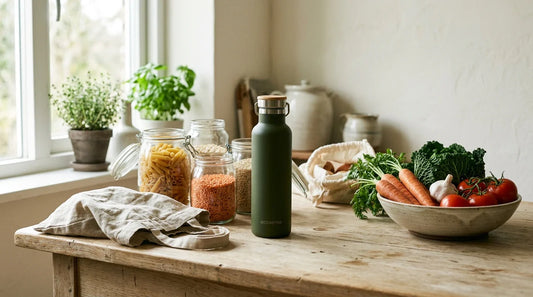Photographie Ecosense pour l'article « Courses Zéro Déchet : Astuces Pour Supprimer le Plastique » — scène photoréaliste illustrant courses zéro déchet, supprimer le plastique, courses en vrac, contenants réutilisables, sans plastique, emballages ali
