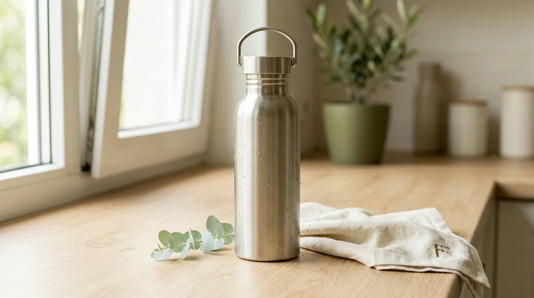 Photographie Ecosense pour l'article « Le Vrai Coût Environnemental d'une Bouteille en Plastique » — scène photoréaliste illustrant coût environnemental bouteille plastique, empreinte carbone eau en bouteille, gourde réutilisable, microplastiques, im