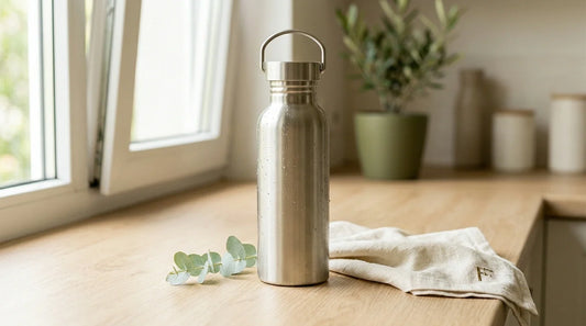 Photographie Ecosense pour l'article « Le Vrai Coût Environnemental d'une Bouteille en Plastique » — scène photoréaliste illustrant coût environnemental bouteille plastique, empreinte carbone eau en bouteille, gourde réutilisable, microplastiques, im