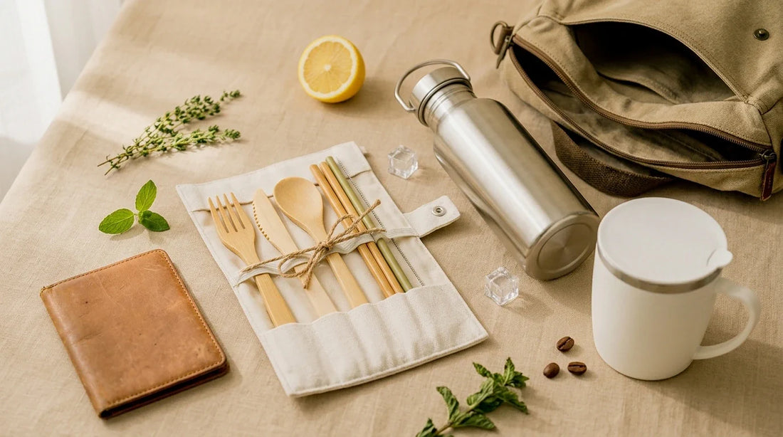 Photographie Ecosense pour l'article « Couverts de Voyage en Bambou : L'Accessoire Indispensable » — scène photoréaliste illustrant couverts de voyage en bambou, couverts bambou réutilisables, kit couverts nomade zéro déchet, idées mode de vie zéro d