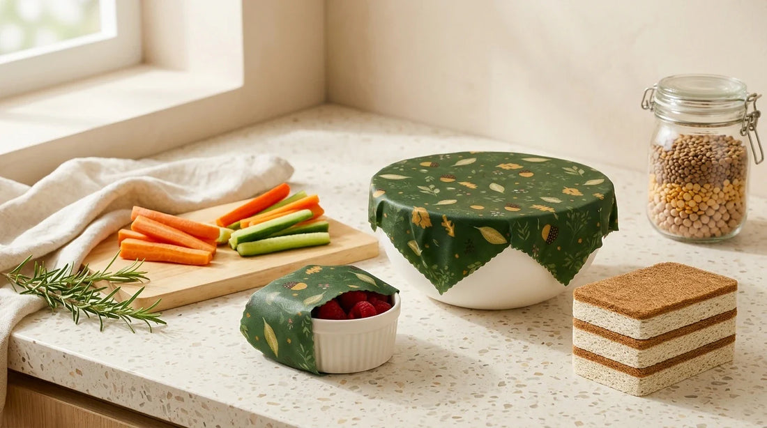 Photographie Ecosense pour l'article « Cuisine Écologique : Le Guide Complet Pour une Maison Saine » — scène photoréaliste illustrant cuisine écologique, cuisine zéro déchet, maison saine, emballage cire d'abeille, alternatives durables cuisine, rédu