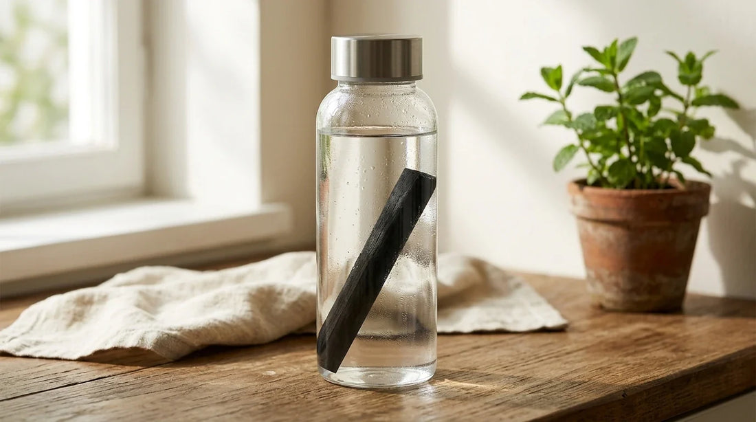 Photographie Ecosense pour l'article « Eau du Robinet : Pourquoi la Filtrer au Charbon Takesumi » — scène photoréaliste illustrant takesumi, charbon pour gourde, filtrer eau du robinet, charbon actif végétal, filtre eau charbon bambou, eau du robinet