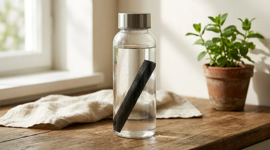 Photographie Ecosense pour l'article « Eau du Robinet : Pourquoi la Filtrer au Charbon Takesumi » — scène photoréaliste illustrant takesumi, charbon pour gourde, filtrer eau du robinet, charbon actif végétal, filtre eau charbon bambou, eau du robinet