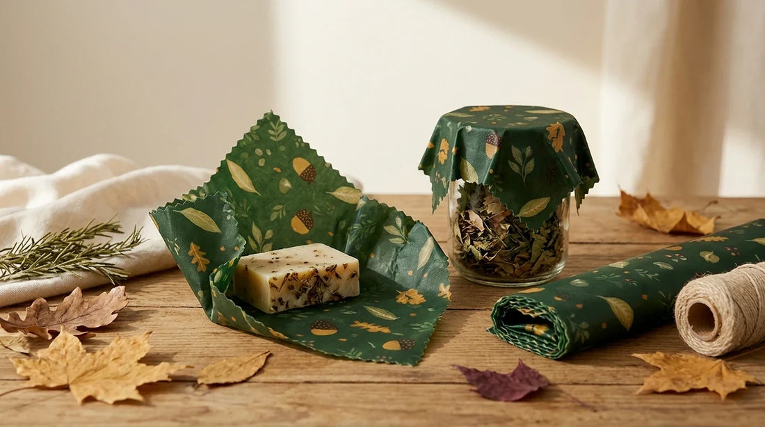 Photographie Ecosense pour l'article « Emballages Cadeaux Écologiques : 8 Idées Créatives » — scène photoréaliste illustrant emballage cadeau écologique, emballage cadeau zéro déchet, furoshiki, bee wrap, papier cadeau recyclable, idées emballage cré