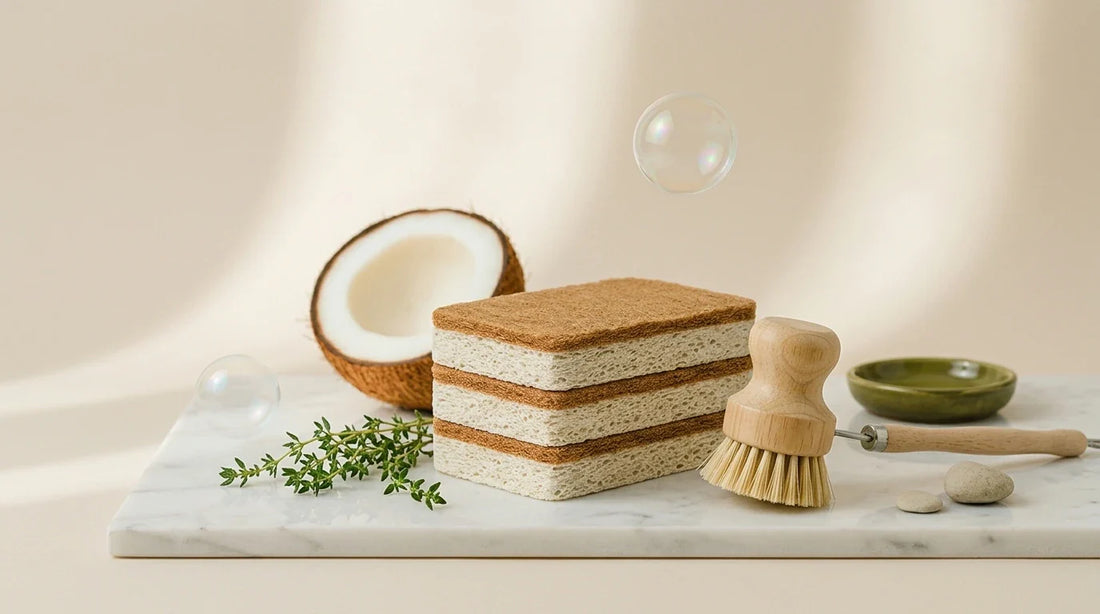 Photographie Ecosense pour l'article « Éponge Cellulose ou Éponge Coco : Laquelle Nettoie Mieux ? » — scène photoréaliste illustrant éponge naturelle, fibre coco, cellulose, palette olive et lime, ambiance zéro déchet authentique.