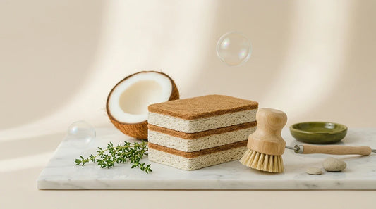 Photographie Ecosense pour l'article « Éponge Cellulose ou Éponge Coco : Laquelle Nettoie Mieux ? » — scène photoréaliste illustrant éponge naturelle, fibre coco, cellulose, palette olive et lime, ambiance zéro déchet authentique.