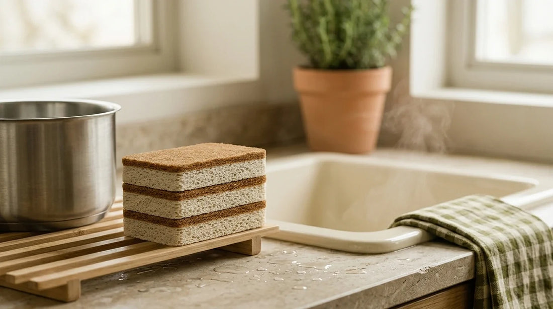 Photographie Ecosense pour l'article « Éponge Coco : Utilisation, Entretien et Durée de Vie » — scène photoréaliste illustrant éponge coco, éponge fibre de coco, éponge cellulose, entretien éponge coco, durée de vie éponge coco, palette olive et lime