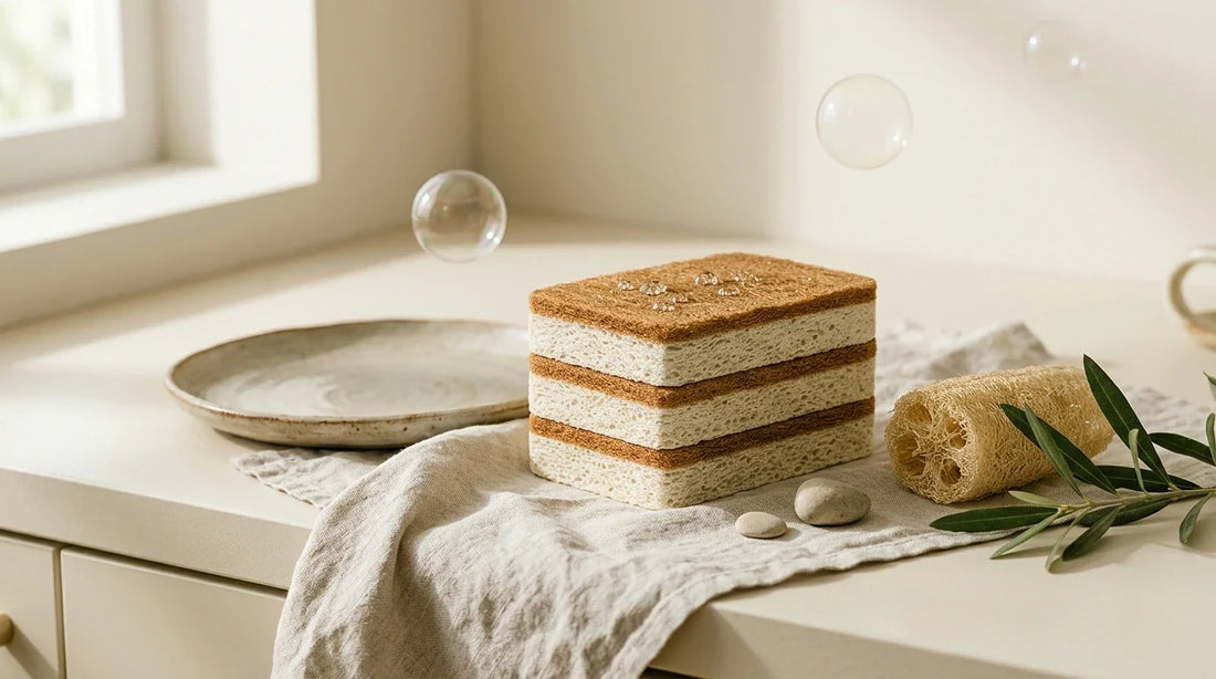 Photographie Ecosense pour l'article « Éponge Coco ou Éponge Luffa : Laquelle est la Plus Durable ? » — scène photoréaliste illustrant éponge coco, éponge luffa, éponge écologique durable, éponge compostable, zéro déchet cuisine, éponge végétale lava