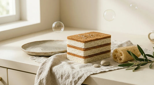 Photographie Ecosense pour l'article « Éponge Coco ou Éponge Luffa : Laquelle est la Plus Durable ? » — scène photoréaliste illustrant éponge coco, éponge luffa, éponge écologique durable, éponge compostable, zéro déchet cuisine, éponge végétale lava