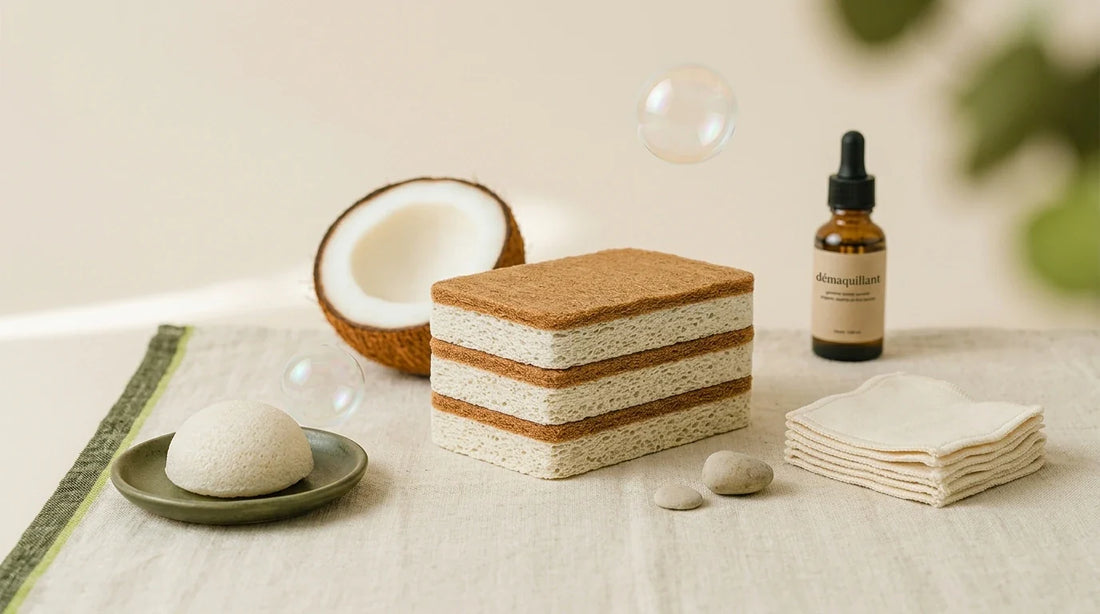 Photographie Ecosense pour l'article « Éponge Konjac vs Coton Démaquillant : Que Choisir ? » — scène photoréaliste illustrant konjac, coton lavable, démaquillage zéro déchet, palette olive et lime, ambiance zéro déchet authentique.