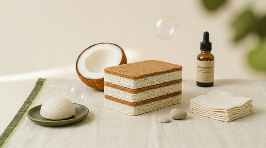 Photographie Ecosense pour l'article « Éponge Konjac vs Coton Démaquillant : Que Choisir ? » — scène photoréaliste illustrant konjac, coton lavable, démaquillage zéro déchet, palette olive et lime, ambiance zéro déchet authentique.