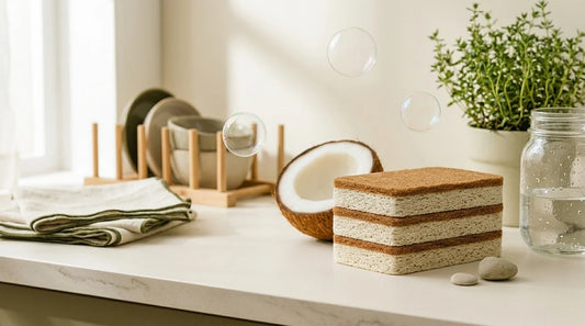 Photographie Ecosense pour l'article « Éponges Naturelles : Cellulose, Coco, Luffa — Le Comparatif » — scène photoréaliste illustrant eponge cellulose, eponge fibre de coco, luffa eponge, eponges naturelles comparatif, compostabilité éponge, palette 