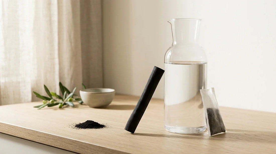 Photographie Ecosense pour l'article « Choisir son Filtre à Eau Charbon Actif : Critères Essentiels » — scène photoréaliste illustrant filtre eau charbon actif, critères choix filtre eau, charbon binchotan takesumi, filtration eau zéro déchet, bâton 