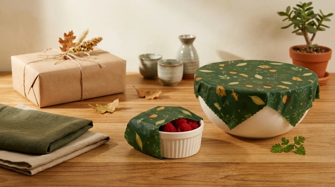 Photographie Ecosense pour l'article « Furoshiki : L'Art Japonais d'Emballer sans Papier Cadeau » — scène photoréaliste illustrant furoshiki, emballage cadeau ecologique, pliage furoshiki, tissu reutilisable, zero dechet Noel, palette olive et lime, 