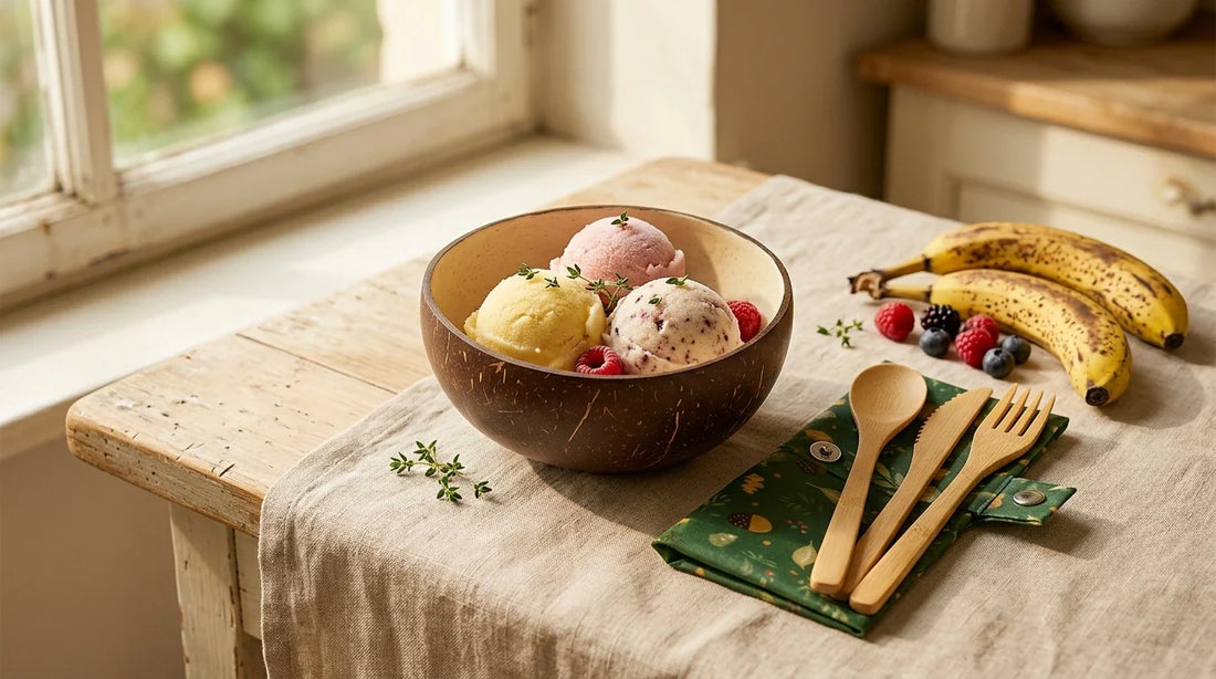 Photographie Ecosense pour l'article « Glaces Maison Zéro Déchet : 6 Recettes Faciles sans Machine » — scène photoréaliste illustrant glace maison zéro déchet, recette glace sans sorbetière, glace maison sans machine, dessert zéro déchet été, sorbet 
