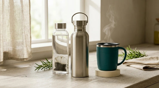 Photographie Ecosense pour l'article « Gourde Inox ou Gourde Verre : Quel Matériau Choisir ? » — scène photoréaliste illustrant gourde inox ou verre, quel matériau gourde, gourde acier inoxydable, gourde verre borosilicate, gourde écologique réutilis
