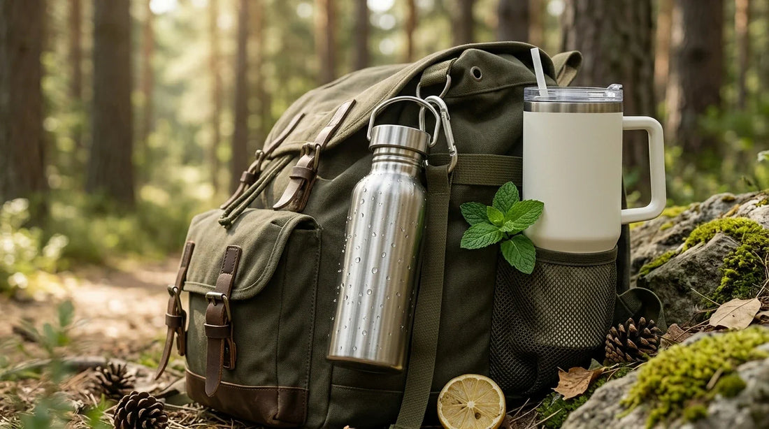 Photographie Ecosense pour l'article « Gourde Isotherme en Randonnée : Laquelle Choisir ? » — scène photoréaliste illustrant gourde randonnée, double paroi, hydratation outdoor, palette olive et lime, ambiance zéro déchet authentique.