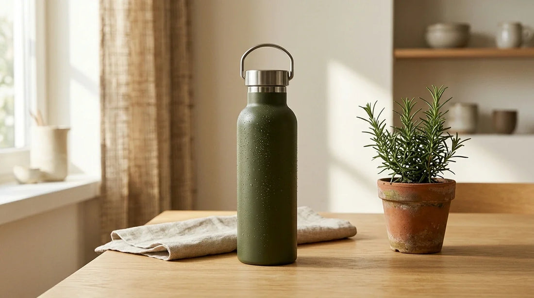 Photographie Ecosense pour l'article « Gourde Réutilisable : Combien de Bouteilles Plastique Évitées par An ? » — scène photoréaliste illustrant gourde réutilisable, bouteilles plastique évitées par an, gourde isotherme montagne, gourde eau aromatisé
