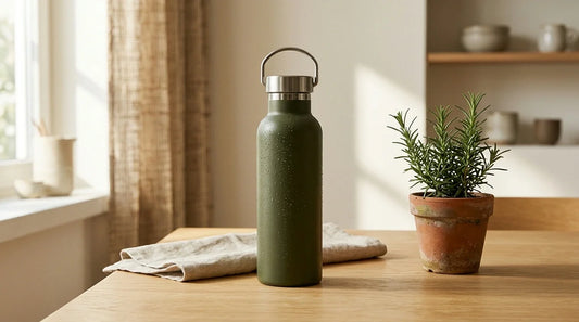 Photographie Ecosense pour l'article « Gourde Réutilisable : Combien de Bouteilles Plastique Évitées par An ? » — scène photoréaliste illustrant gourde réutilisable, bouteilles plastique évitées par an, gourde isotherme montagne, gourde eau aromatisé