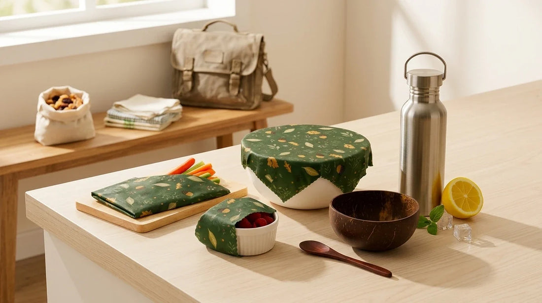 Photographie Ecosense pour l'article « Goûter Zéro Déchet pour Enfants : 10 Idées Faciles » — scène photoréaliste illustrant goûter zéro déchet, goûter enfant sans emballage, boîte goûter réutilisable, tissu ciré, goûter école, palette olive et lime,