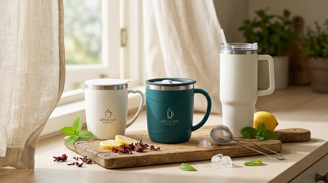 Photographie Ecosense pour l'article « Infusions Glacées Maison : 8 Recettes dans votre Mug Isotherme » — scène photoréaliste illustrant mug isotherme inox, mug isotherme 500 ml, infusion glacee maison, cold brew tea, mug reutilisable inox, palette o