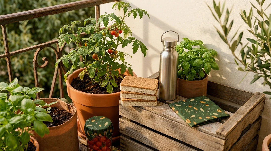 Photographie Ecosense pour l'article « Jardinage Urbain : Créer un Potager Écolo sur son Balcon » — scène photoréaliste illustrant potager balcon écologique, jardinage urbain zéro déchet, créer un potager sur balcon, compost balcon, idées mode de vie