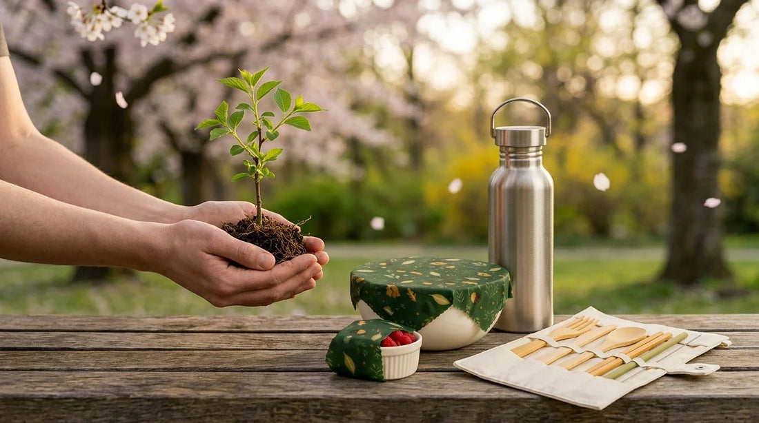 Photographie Ecosense pour l'article « Journée Mondiale de l'Environnement : 5 Actions Concrètes » — scène photoréaliste illustrant 5 juin, PNUE, mobilisation écologique, palette olive et lime, ambiance zéro déchet authentique.