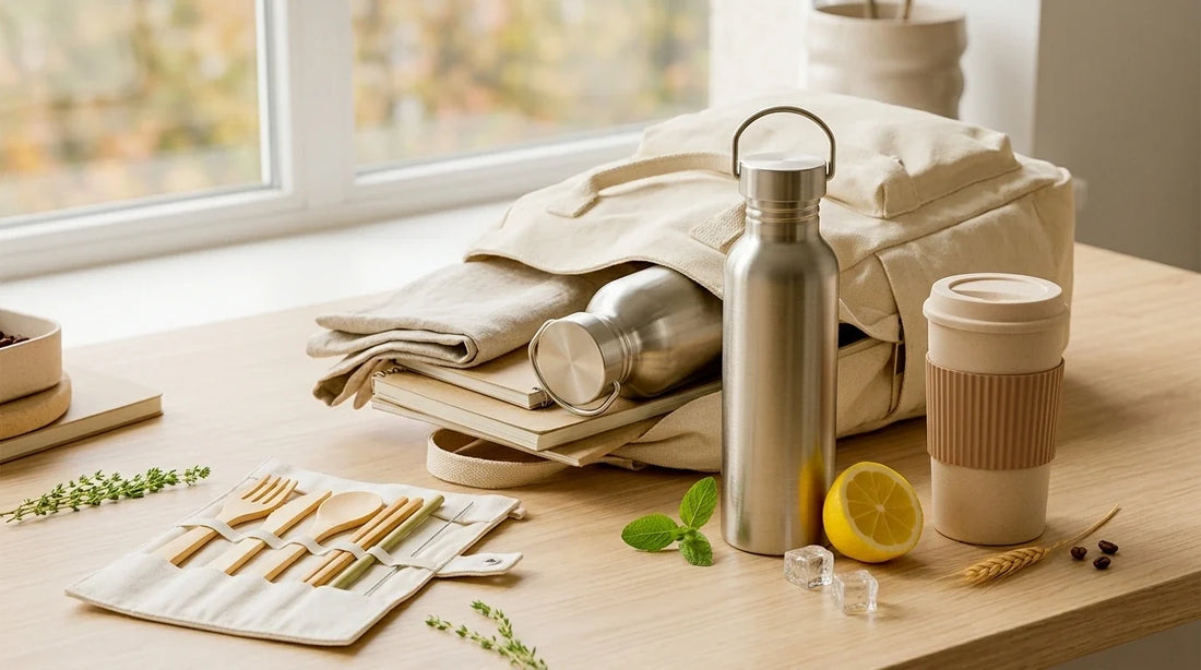 Photographie Ecosense pour l'article « Kit Rentrée Zéro Déchet : Les Produits Indispensables » — scène photoréaliste illustrant kit rentrée zéro déchet, fournitures écologiques, bureau zéro déchet, inventaire rentrée, entretien zéro déchet, palette o