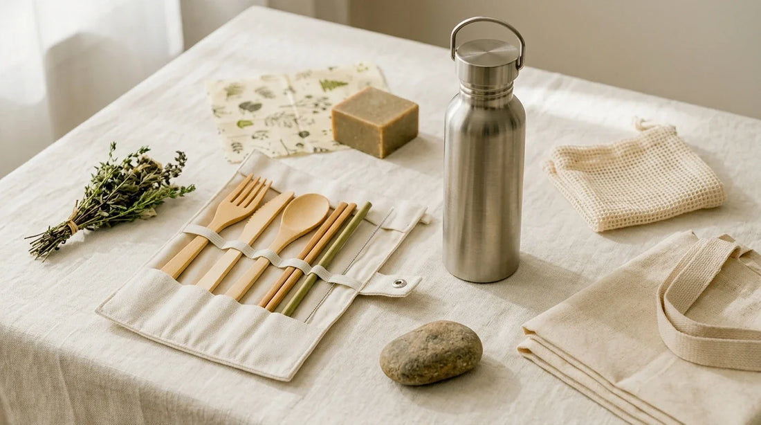 Photographie Ecosense pour l'article « Kit de Voyage Zéro Déchet : Que Glisser dans sa Valise ? » — scène photoréaliste illustrant voyage durable, valise minimaliste, accessoires nomades, palette olive et lime, ambiance zéro déchet authentique.