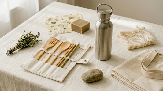 Photographie Ecosense pour l'article « Kit de Voyage Zéro Déchet : Que Glisser dans sa Valise ? » — scène photoréaliste illustrant voyage durable, valise minimaliste, accessoires nomades, palette olive et lime, ambiance zéro déchet authentique.