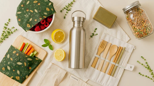 Photographie Ecosense pour l'article « Kit Zéro Déchet Débutant : Les 10 Indispensables » — scène photoréaliste illustrant kit débutant, indispensables, méthode 5R Béa Johnson, palette olive et lime, ambiance zéro déchet authentique.