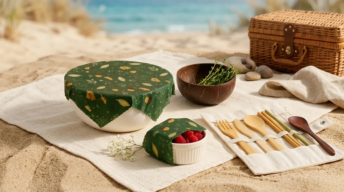 Photographie Ecosense pour l'article « Lunch Zéro Déchet : Idées Repas Pour la Plage » — scène photoréaliste illustrant pique-nique zéro déchet, lunch box zéro déchet plage, chaîne du froid pique-nique, déchets littoral, menus plage été, palette oliv