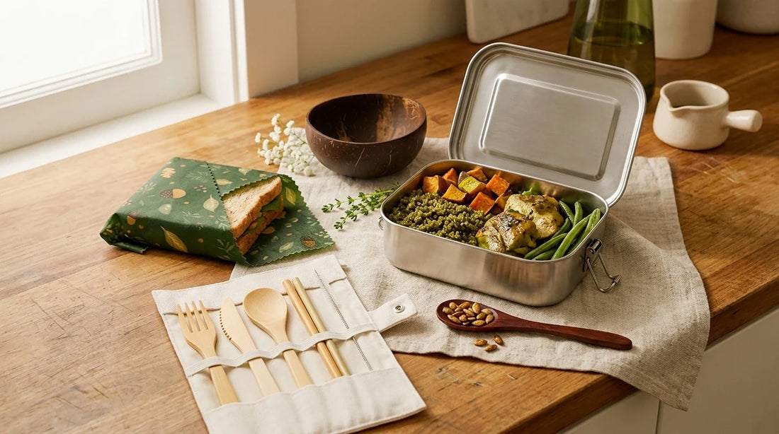 Photographie Ecosense pour l'article « Lunchbox Écologique : Préparer ses Repas à Emporter » — scène photoréaliste illustrant lunchbox écologique, repas à emporter zéro déchet, boîte repas réutilisable, emballage cire d'abeille, lunch box inox, produ