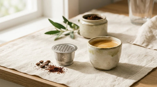 Photographie Ecosense pour l'article « Meilleures Capsules Café Réutilisables : Comparatif 2026 » — scène photoréaliste illustrant capsules café réutilisables, capsule réutilisable Nespresso, capsule inox rechargeable, comparatif capsules 2026, capsu