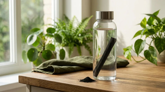 Photographie Ecosense pour l'article « Microplastiques dans l'Eau : Pourquoi Filtrer Chez Soi » — scène photoréaliste illustrant microplastiques eau robinet, filtration domestique, OMS, palette olive et lime, ambiance zéro déchet authentique.