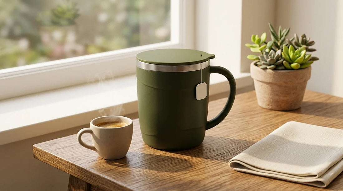 Photographie Ecosense pour l'article « Mug Isotherme Inox Écologique : Comment Bien le Choisir ? » — scène photoréaliste illustrant mug isotherme inox, mug écologique, mug isotherme 500 ml, mug isotherme avec anse, mug isotherme 350 ml, tasse inox av
