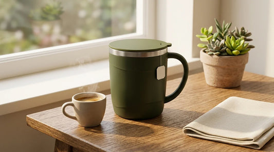 Photographie Ecosense pour l'article « Mug Isotherme Inox Écologique : Comment Bien le Choisir ? » — scène photoréaliste illustrant mug isotherme inox, mug écologique, mug isotherme 500 ml, mug isotherme avec anse, mug isotherme 350 ml, tasse inox av